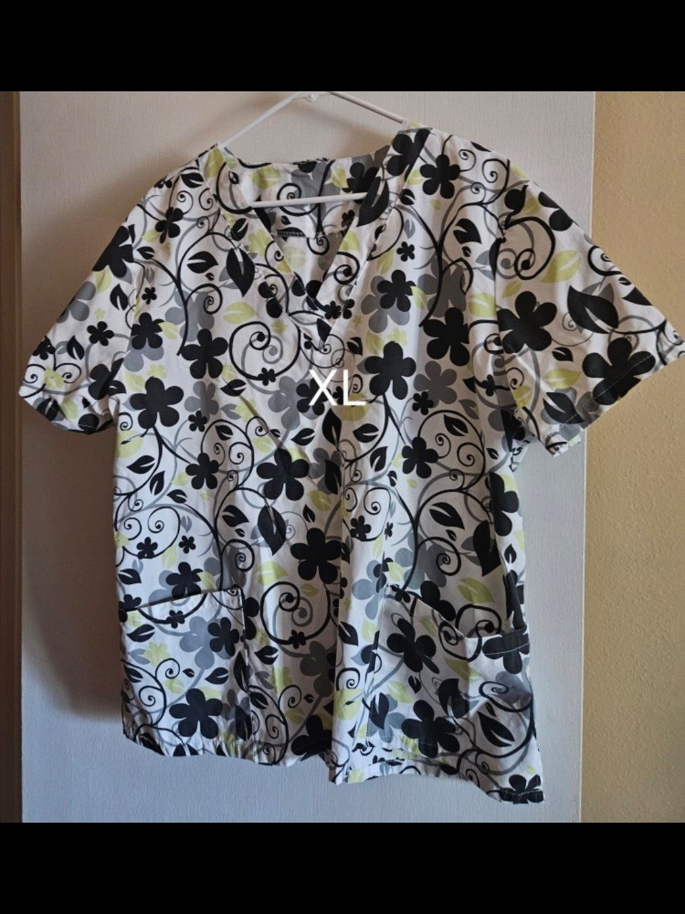 Floral Print Scrub Top in White, Black & Lime